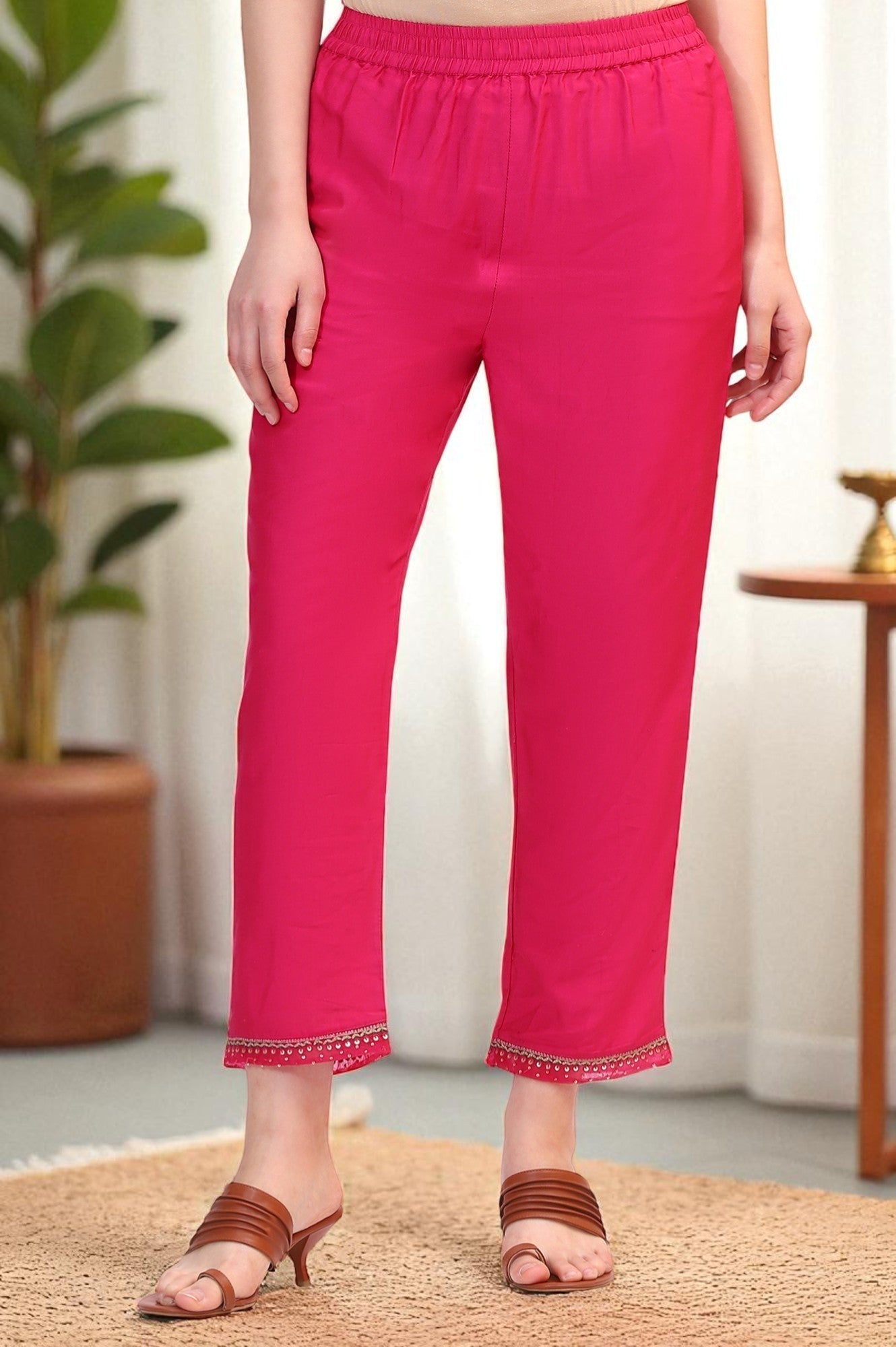 W for Woman Fuchsia Pink Solid Straight Pants with Sequined Hemline