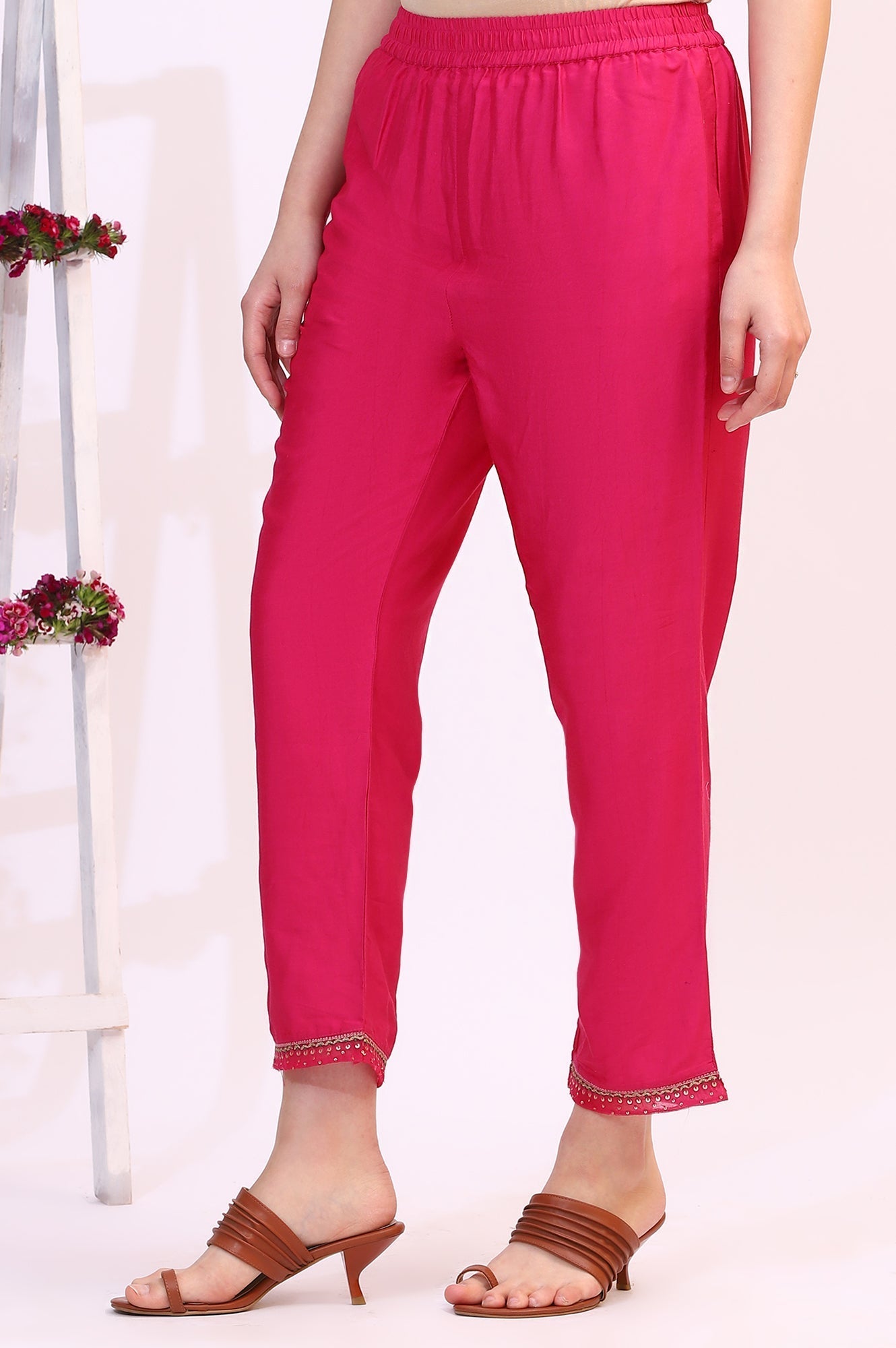 W for Woman Fuchsia Pink Solid Straight Pants with Sequined Hemline