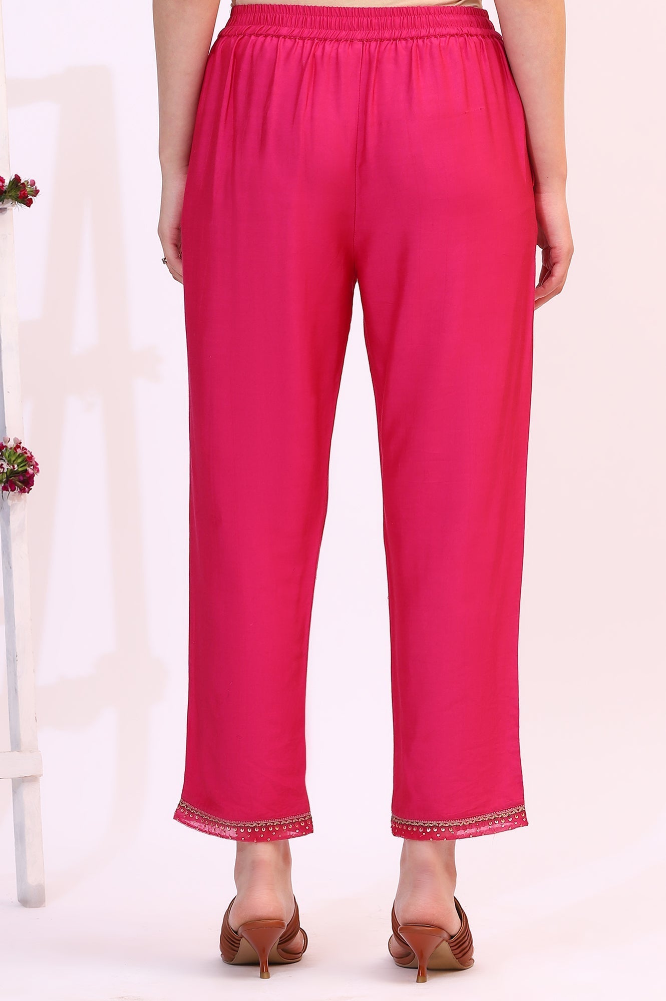 W for Woman Fuchsia Pink Solid Straight Pants with Sequined Hemline