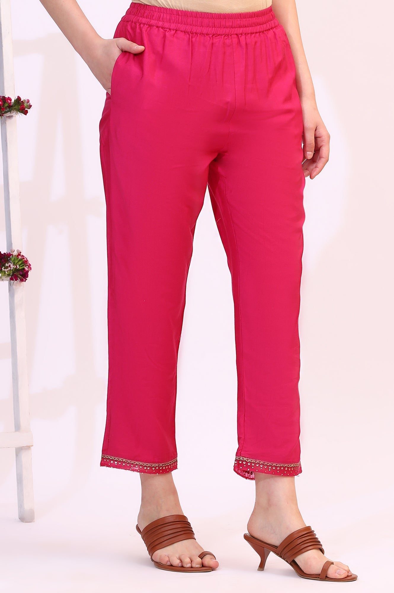 W for Woman Fuchsia Pink Solid Straight Pants with Sequined Hemline