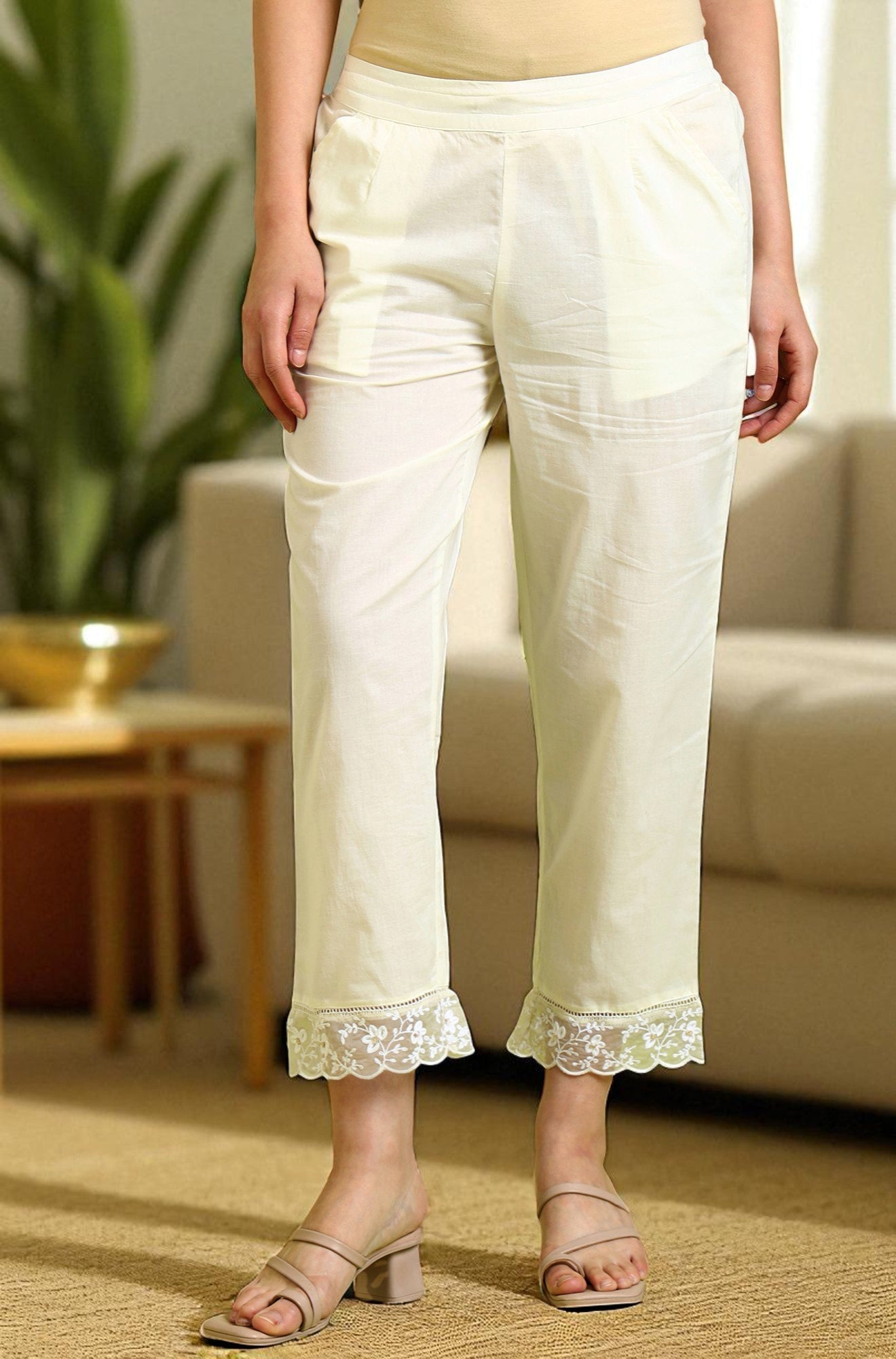 W for Woman White Solid Pure Cotton Straight Pants