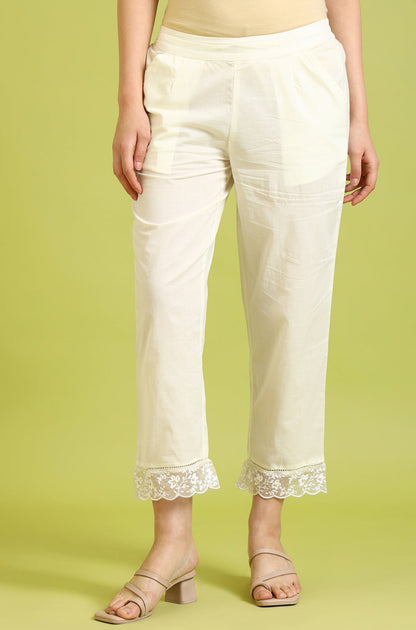 W for Woman White Solid Pure Cotton Straight Pants