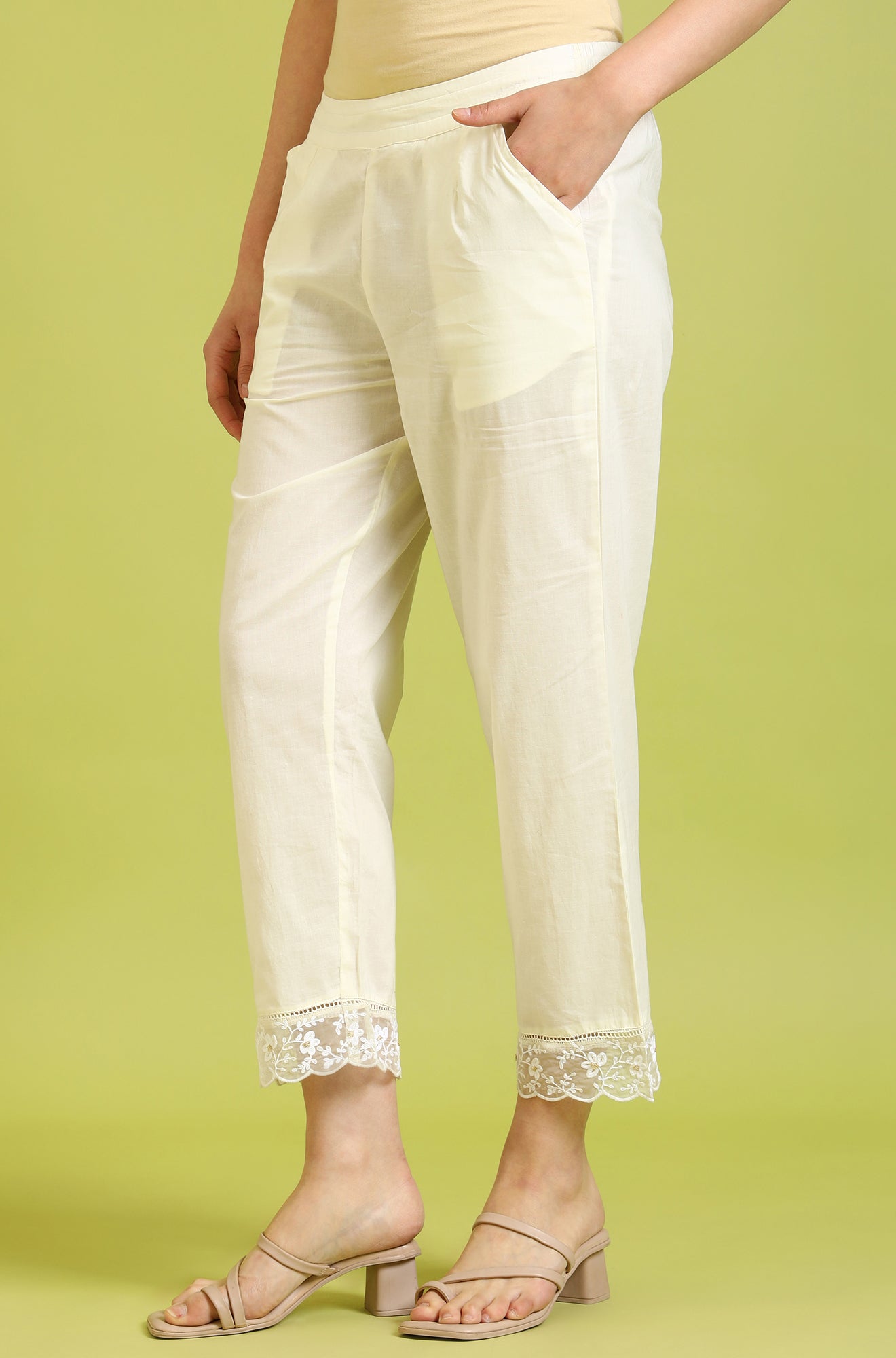 W for Woman White Solid Pure Cotton Straight Pants
