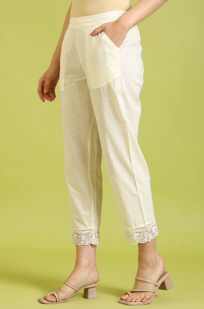 W for Woman White Solid Pure Cotton Straight Pants