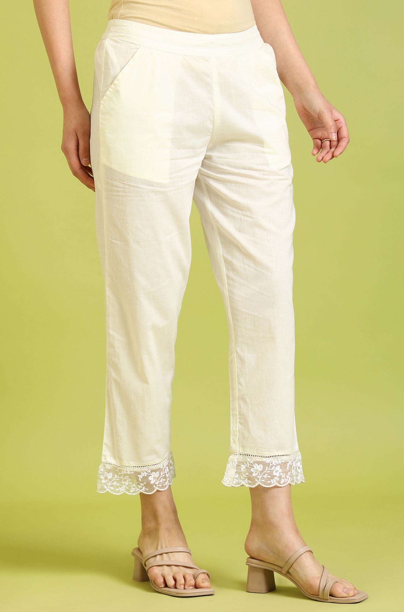 W for Woman White Solid Pure Cotton Straight Pants