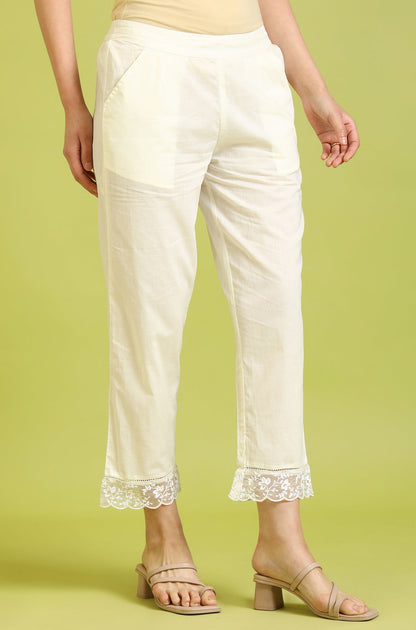 W for Woman White Solid Pure Cotton Straight Pants