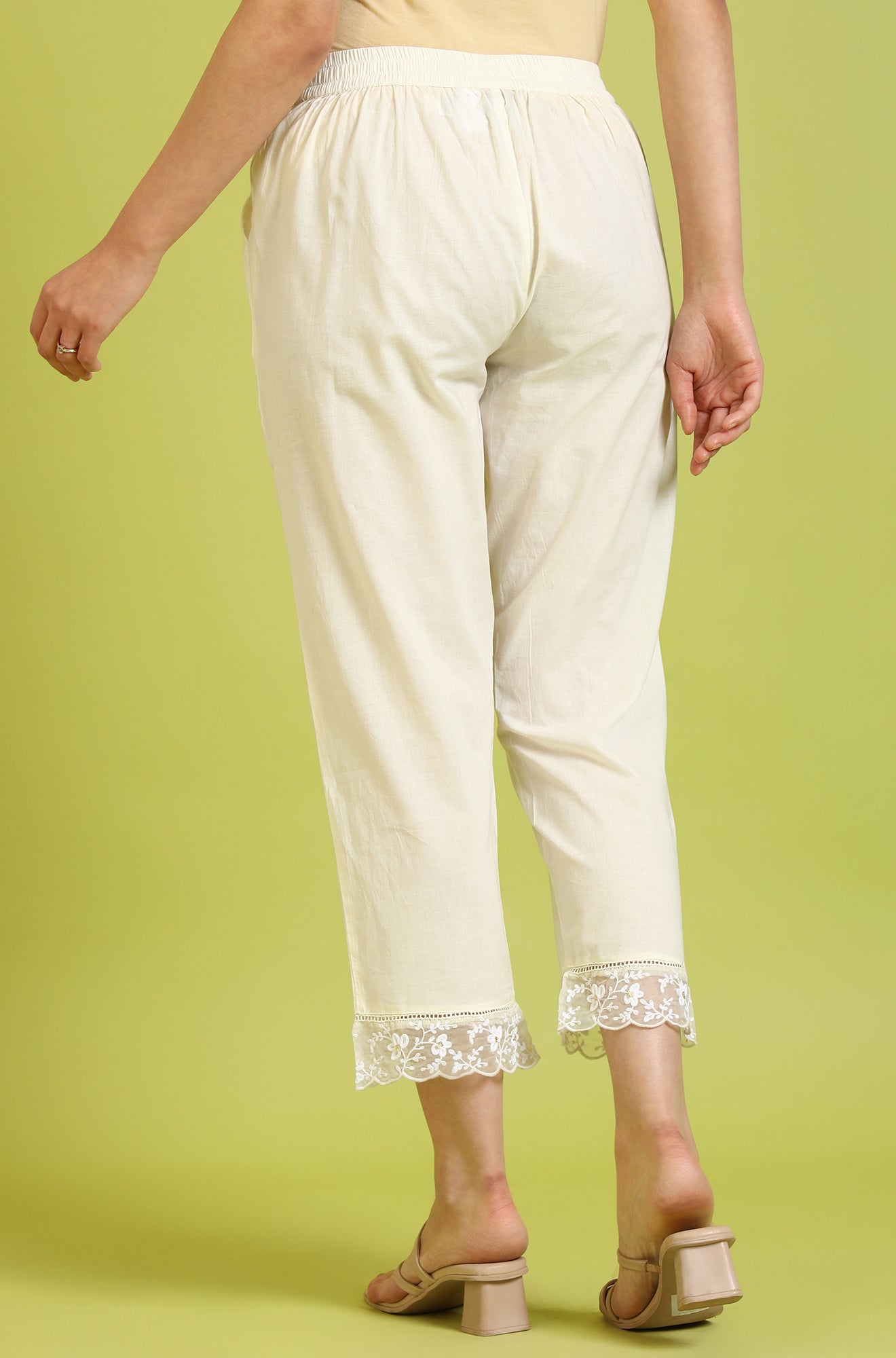 W for Woman White Solid Pure Cotton Straight Pants