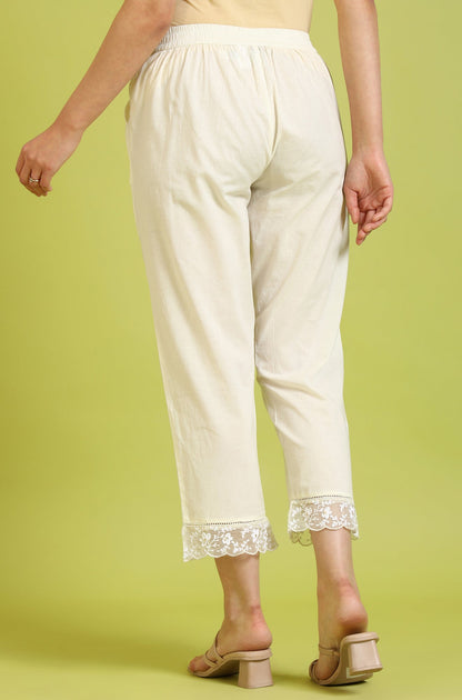 W for Woman White Solid Pure Cotton Straight Pants