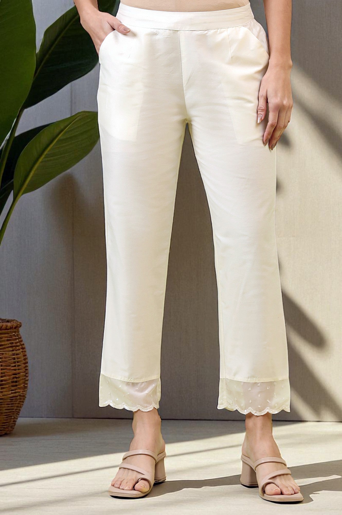 W for Woman White Solid Mid-Rise Straight Pants with Embroidered Organza Scallop Hemline