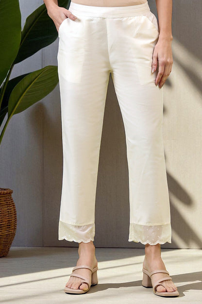 W for Woman White Solid Mid-Rise Straight Pants with Embroidered Organza Scallop Hemline