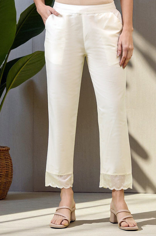 W for Woman White Solid Mid-Rise Straight Pants with Embroidered Organza Scallop Hemline