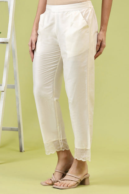W for Woman White Solid Mid-Rise Straight Pants with Embroidered Organza Scallop Hemline