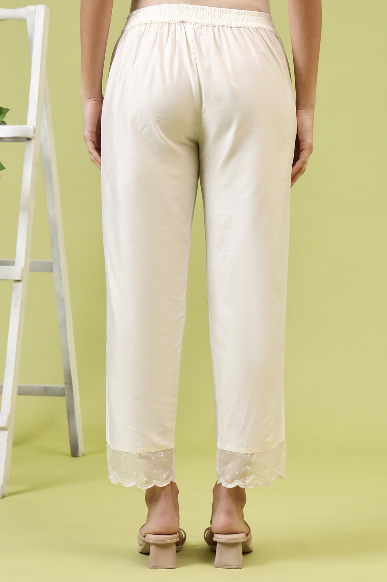 W for Woman White Solid Mid-Rise Straight Pants with Embroidered Organza Scallop Hemline