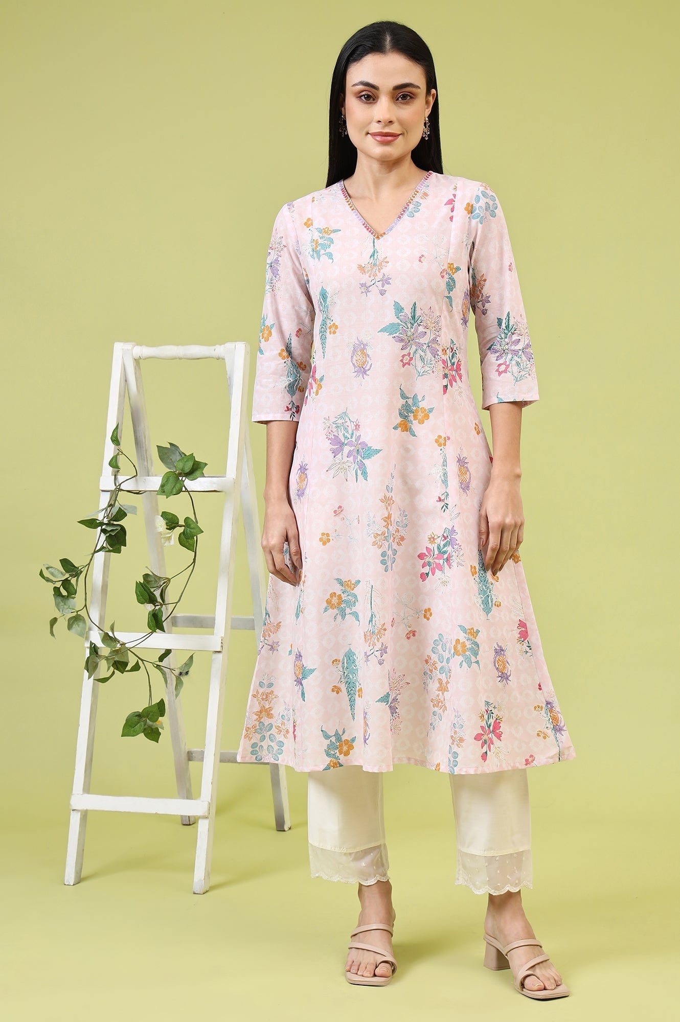 W for Woman White Solid Mid-Rise Straight Pants with Embroidered Organza Scallop Hemline