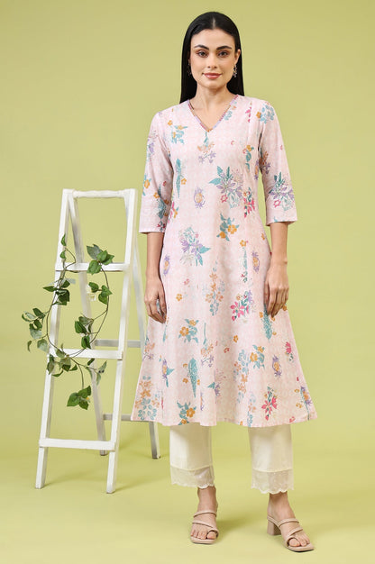 W for Woman White Solid Mid-Rise Straight Pants with Embroidered Organza Scallop Hemline