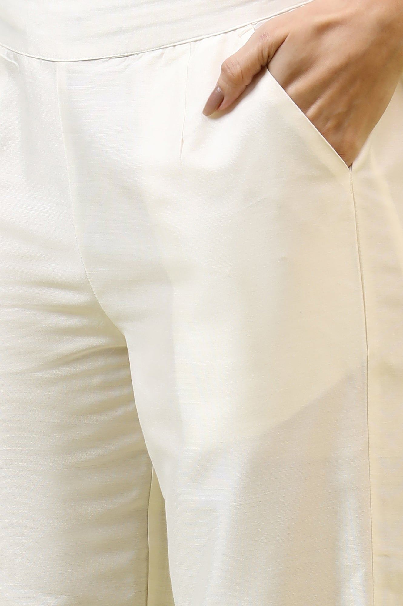 W for Woman White Solid Mid-Rise Straight Pants with Embroidered Organza Scallop Hemline
