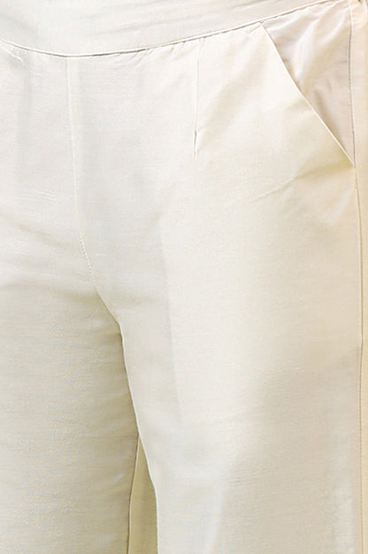W for Woman White Solid Mid-Rise Straight Pants with Embroidered Organza Scallop Hemline