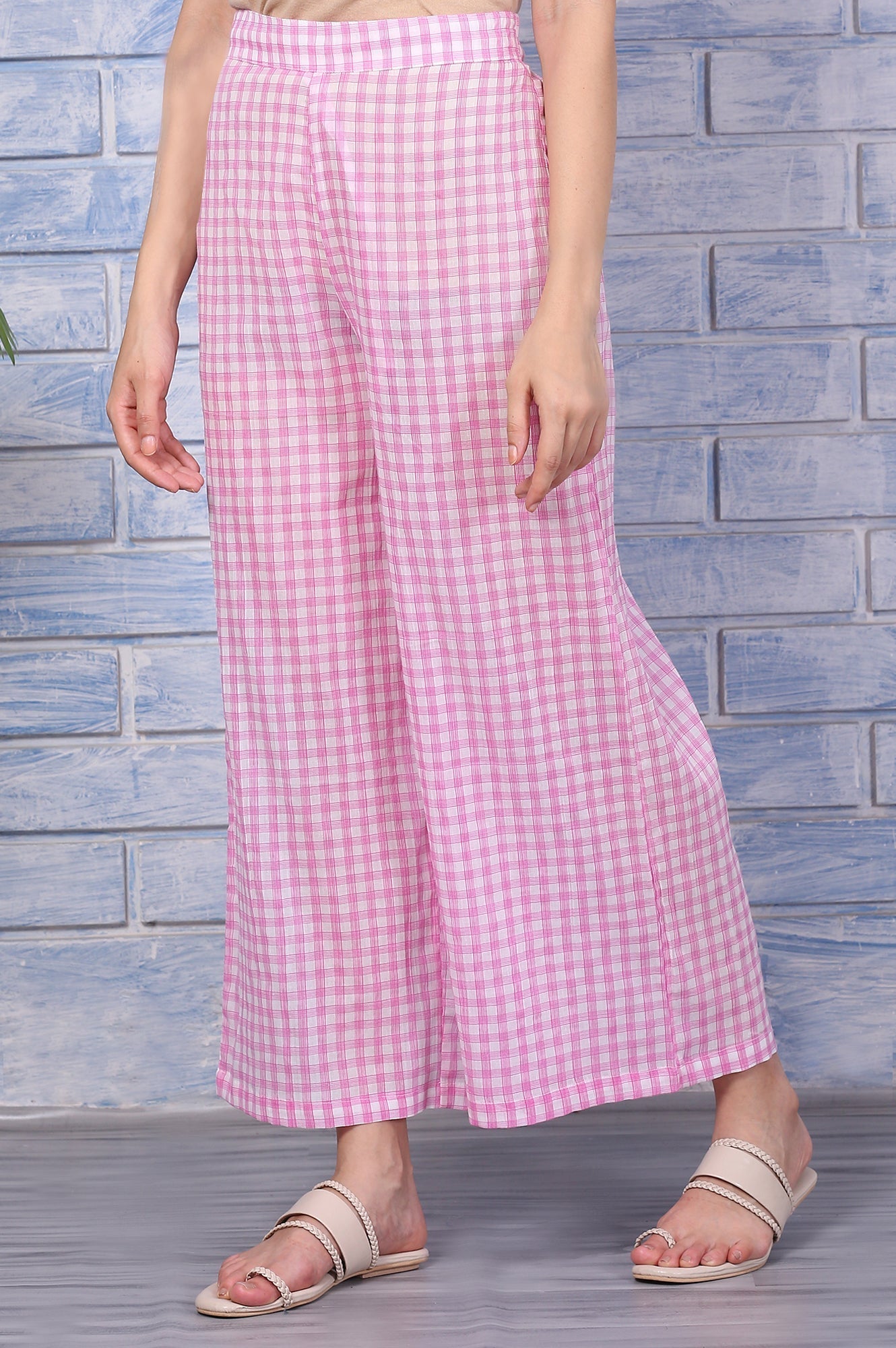 W for Woman Pink Checkered Ankle Length Pure Cotton Pants