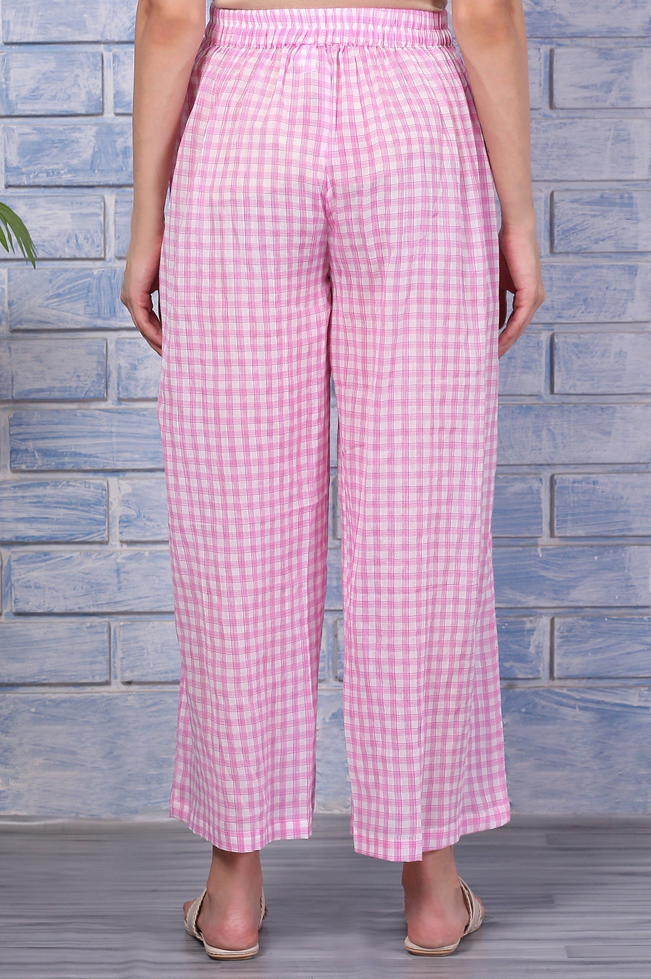 W for Woman Pink Checkered Ankle Length Pure Cotton Pants