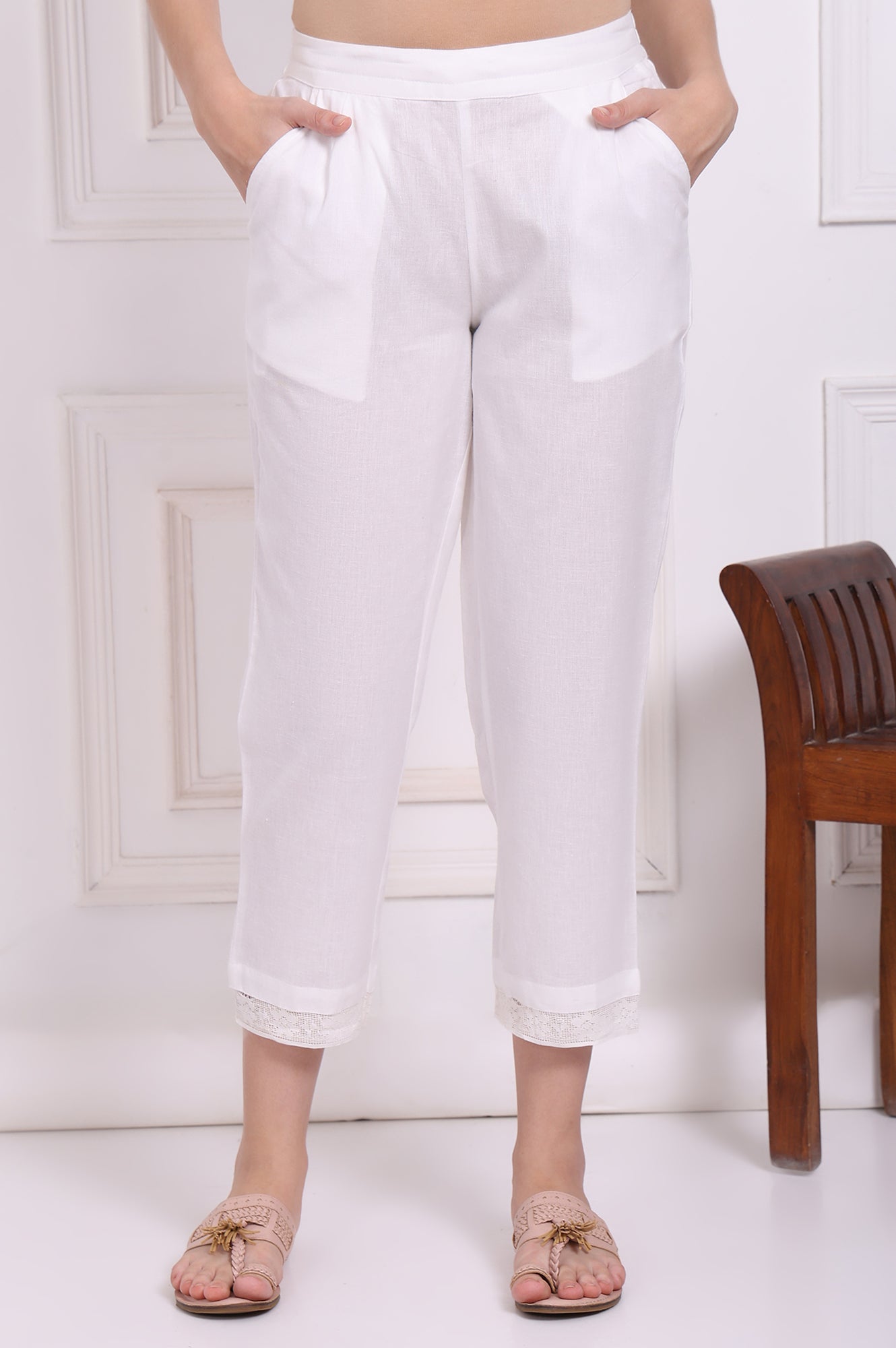 W for Woman White Solid Cotton Flax Straight Pants in Mid-rise