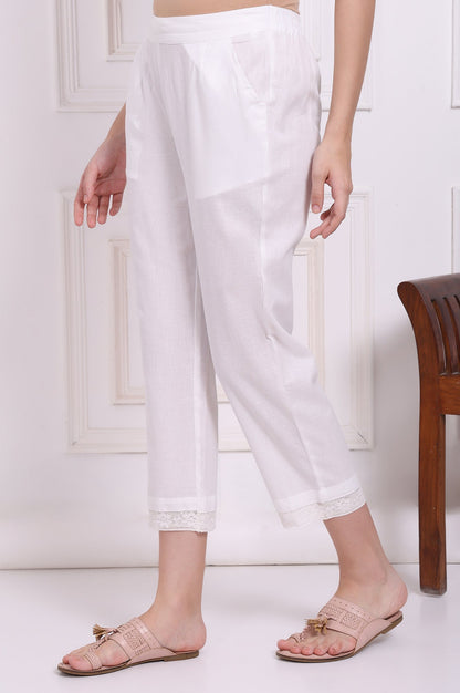 W for Woman White Solid Cotton Flax Straight Pants in Mid-rise
