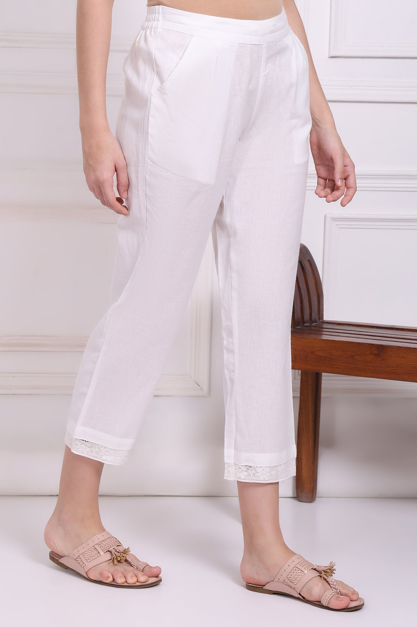 W for Woman White Solid Cotton Flax Straight Pants in Mid-rise