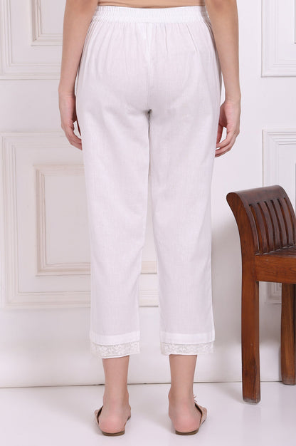 W for Woman White Solid Cotton Flax Straight Pants in Mid-rise