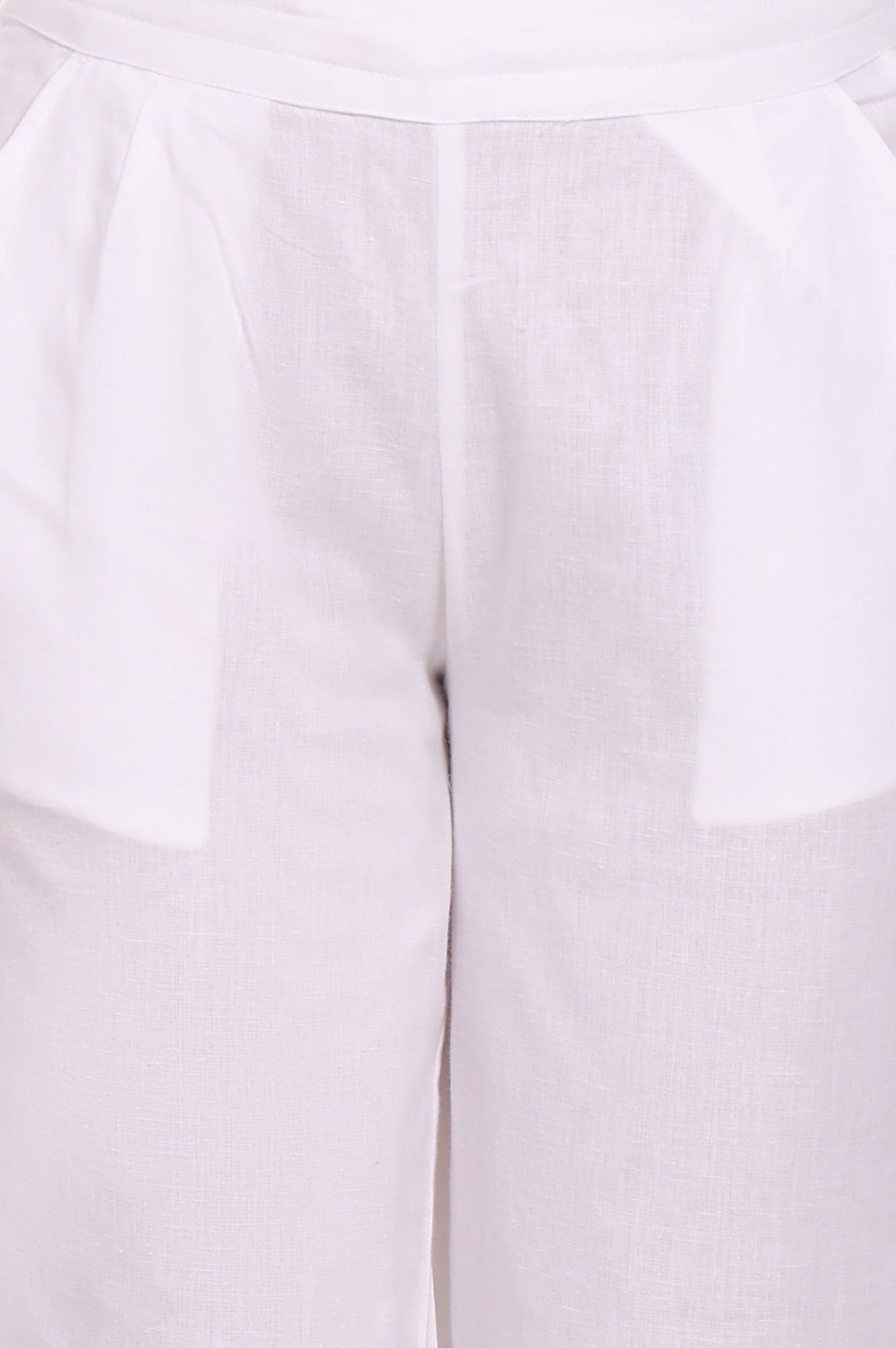 W for Woman White Solid Cotton Flax Straight Pants in Mid-rise