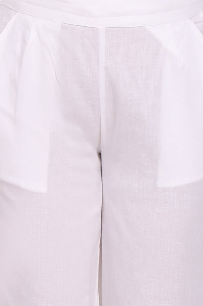 W for Woman White Solid Cotton Flax Straight Pants in Mid-rise