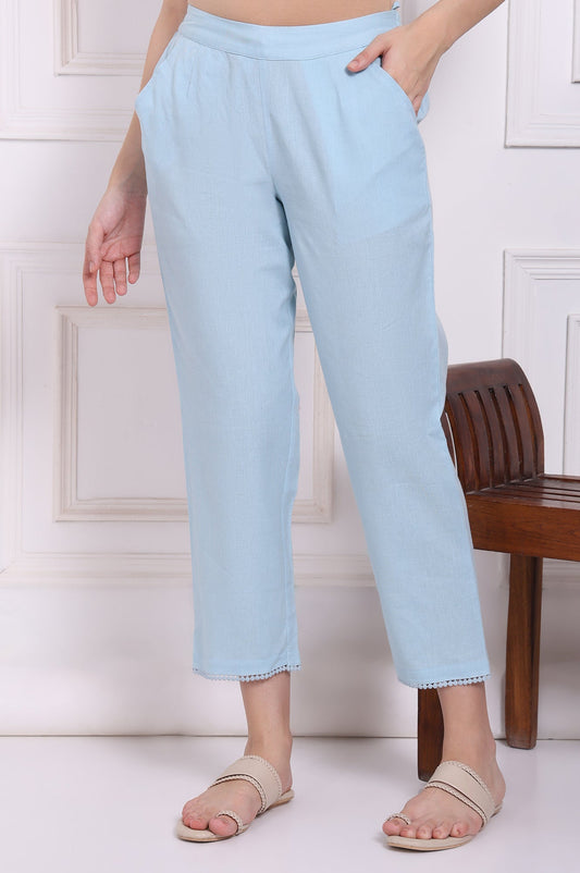 W for Woman Blue Solid Cotton Flax Straight Pants with Lace