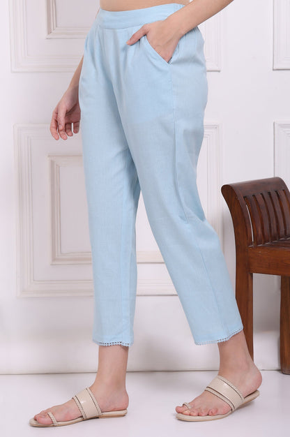 W for Woman Blue Solid Cotton Flax Straight Pants with Lace