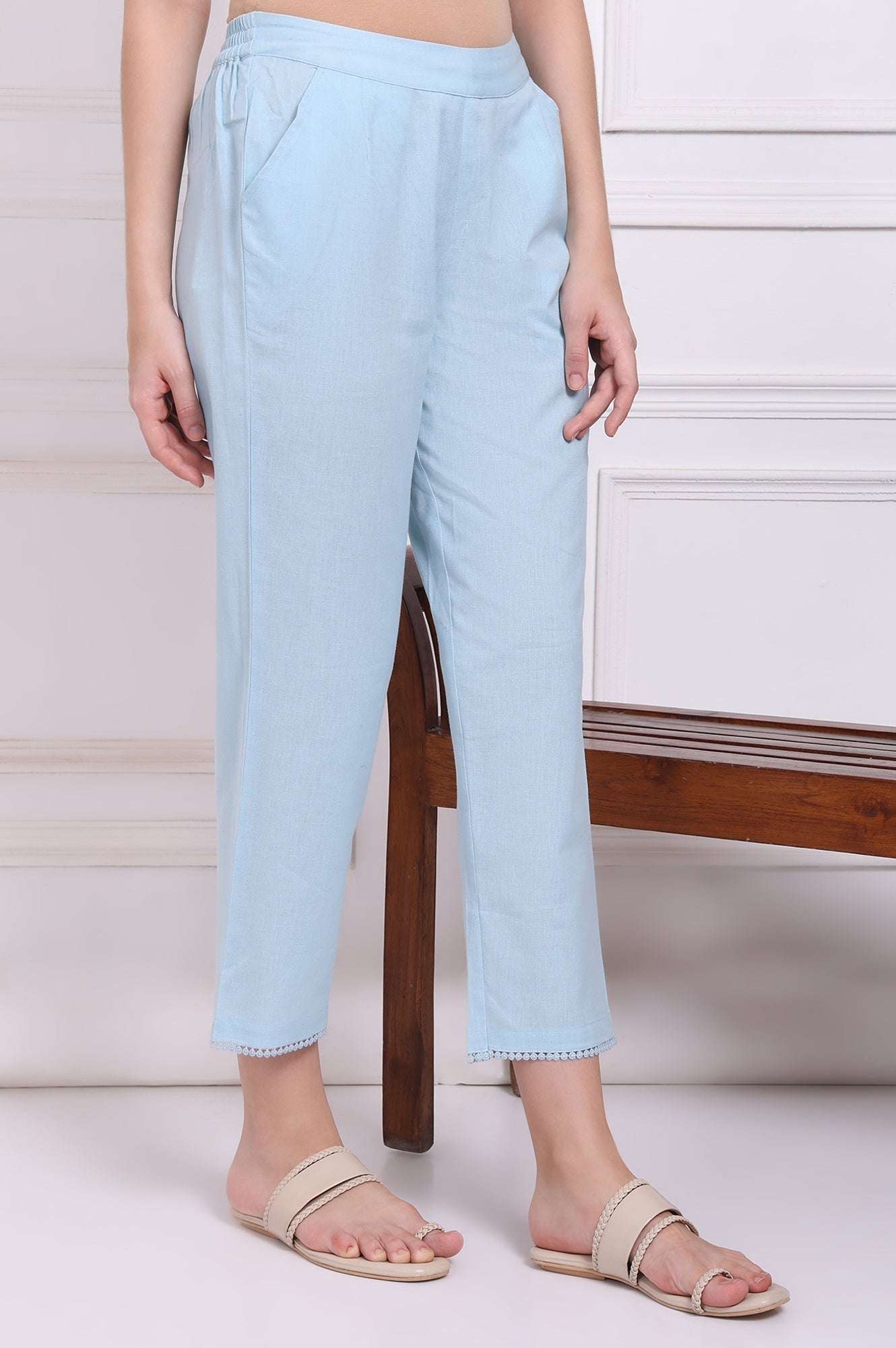 W for Woman Blue Solid Cotton Flax Straight Pants with Lace