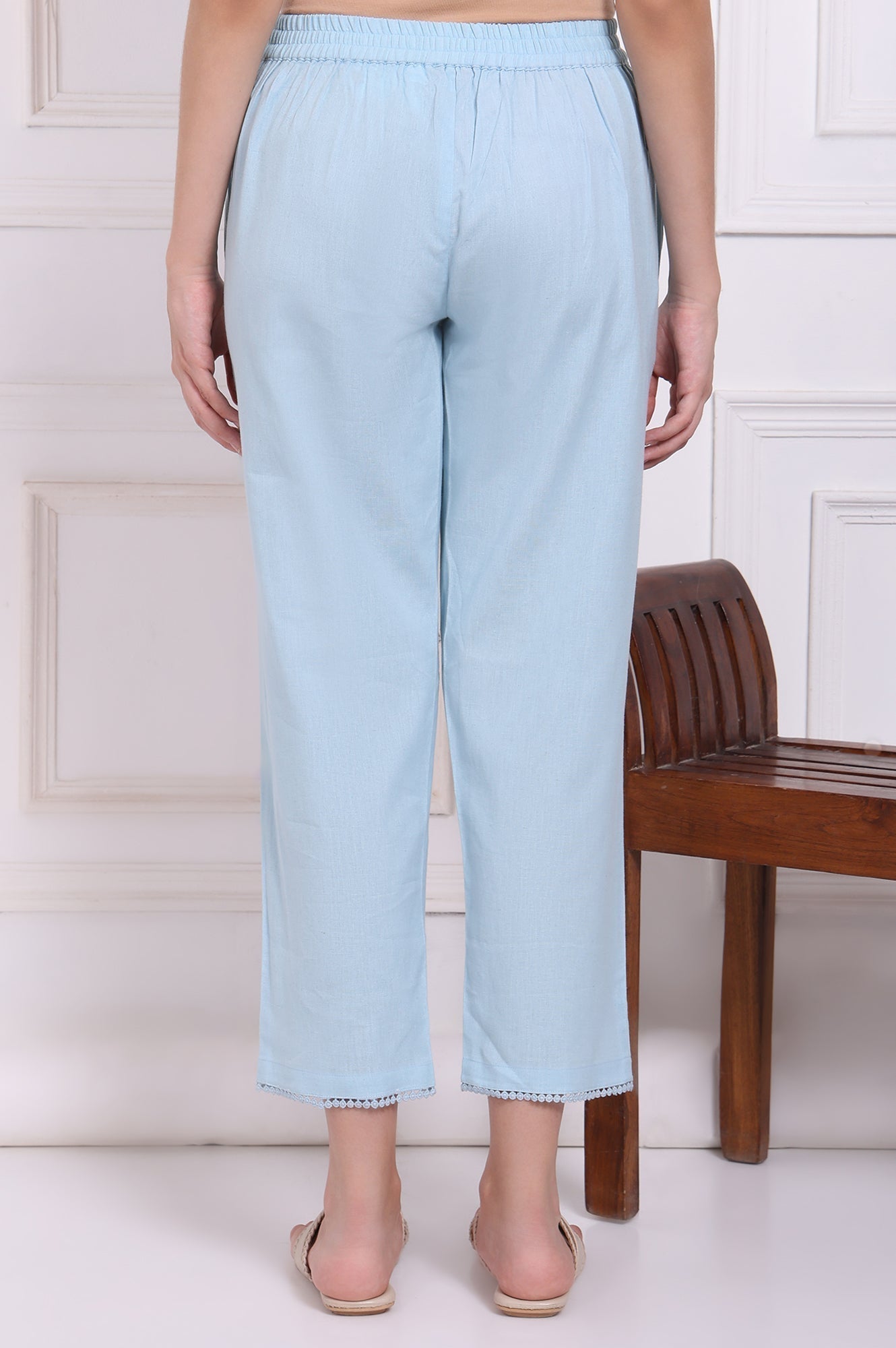 W for Woman Blue Solid Cotton Flax Straight Pants with Lace