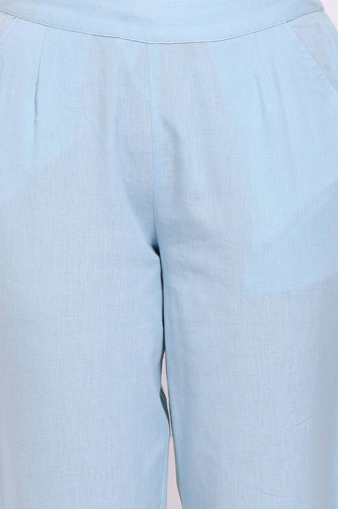 W for Woman Blue Solid Cotton Flax Straight Pants with Lace