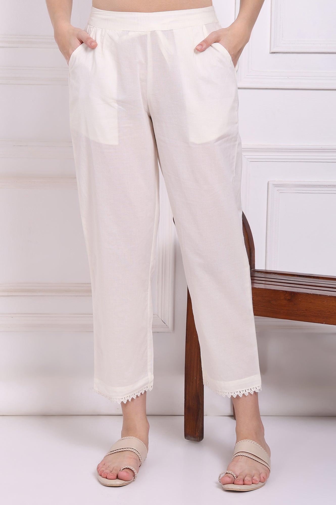 W for Woman White Solid Pure Cotton Ankle Length Straight Pants with Lace