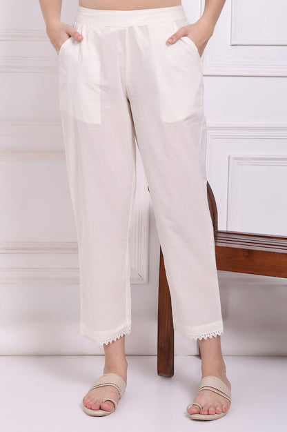 W for Woman White Solid Pure Cotton Ankle Length Straight Pants with Lace