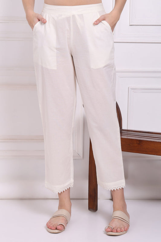 W for Woman White Solid Pure Cotton Ankle Length Straight Pants with Lace