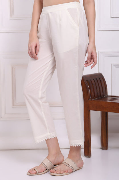 W for Woman White Solid Pure Cotton Ankle Length Straight Pants with Lace