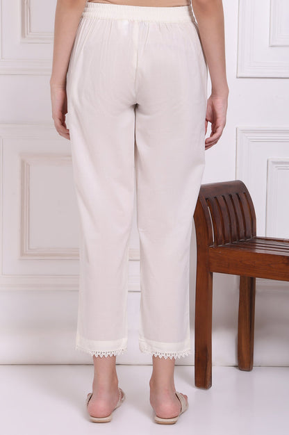 W for Woman White Solid Pure Cotton Ankle Length Straight Pants with Lace