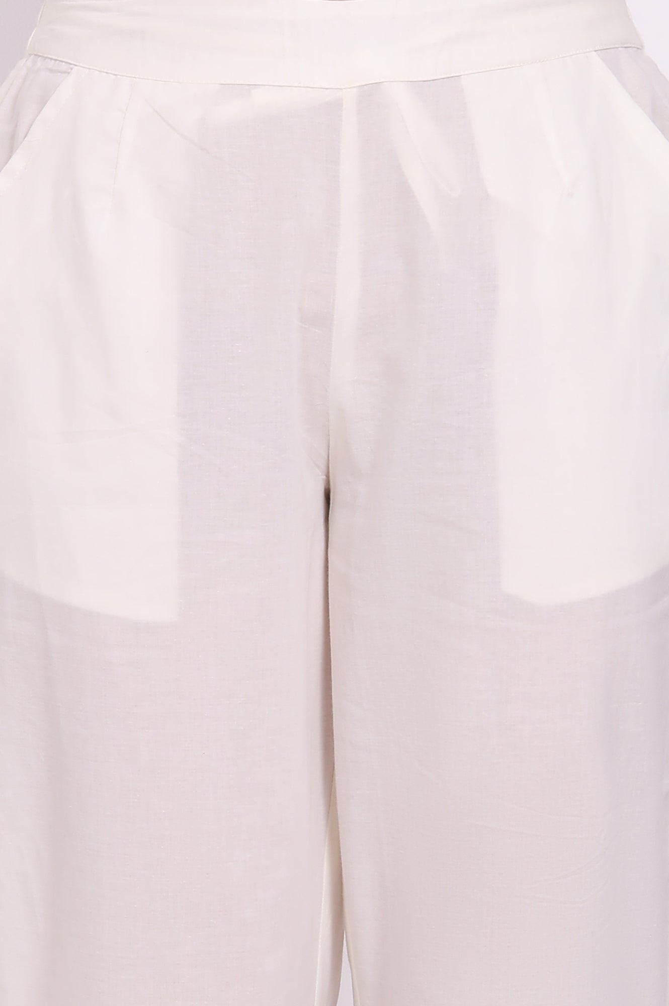 W for Woman White Solid Pure Cotton Ankle Length Straight Pants with Lace
