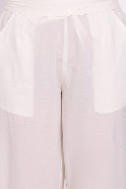 W for Woman White Solid Pure Cotton Ankle Length Straight Pants with Lace