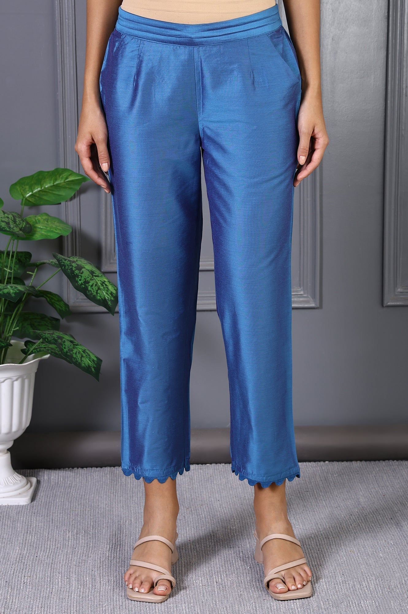 W for Woman Blue Solid Lace Mid-Rise Straight Pant