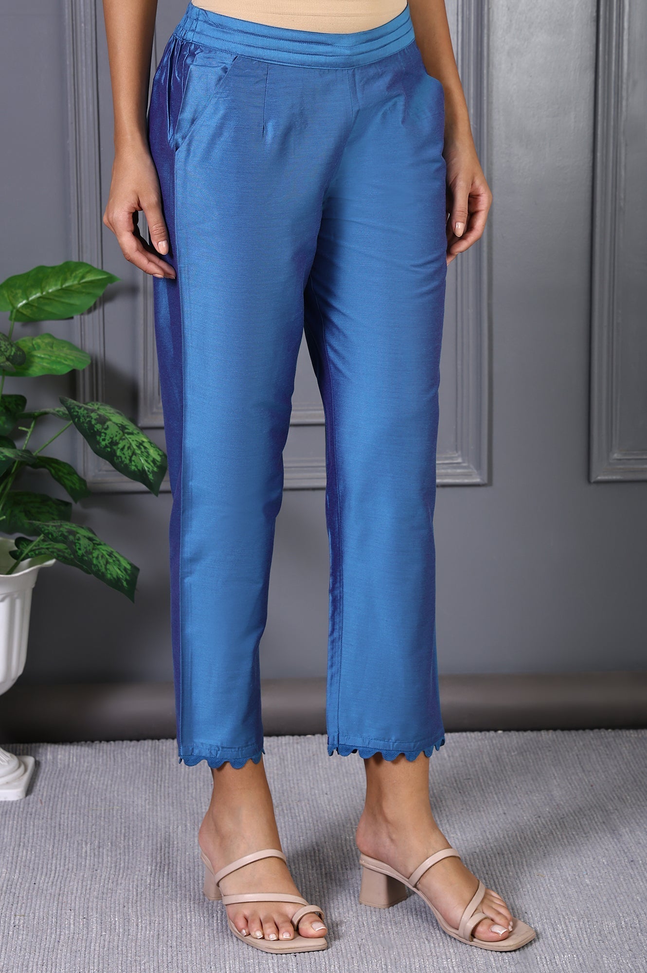 W for Woman Blue Solid Lace Mid-Rise Straight Pant