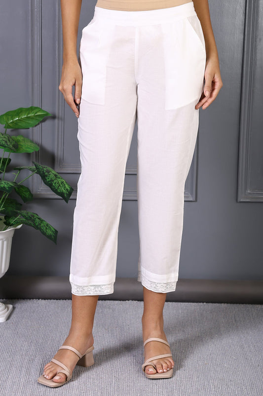 W for Woman White Solid Pure Cotton Slim Pants with Lace