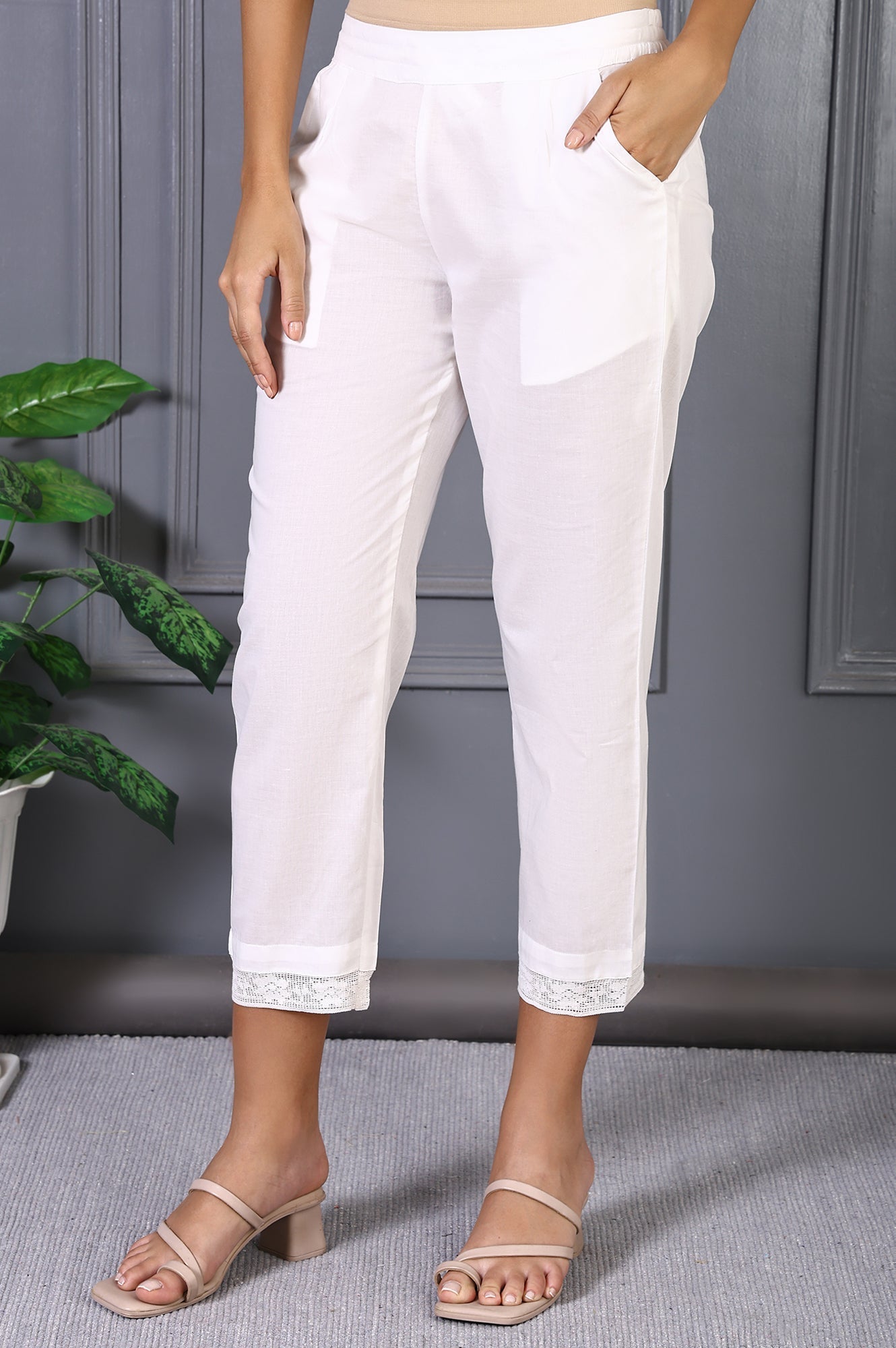 W for Woman White Solid Pure Cotton Slim Pants with Lace