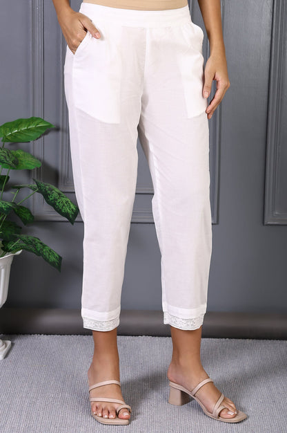 W for Woman White Solid Pure Cotton Slim Pants with Lace