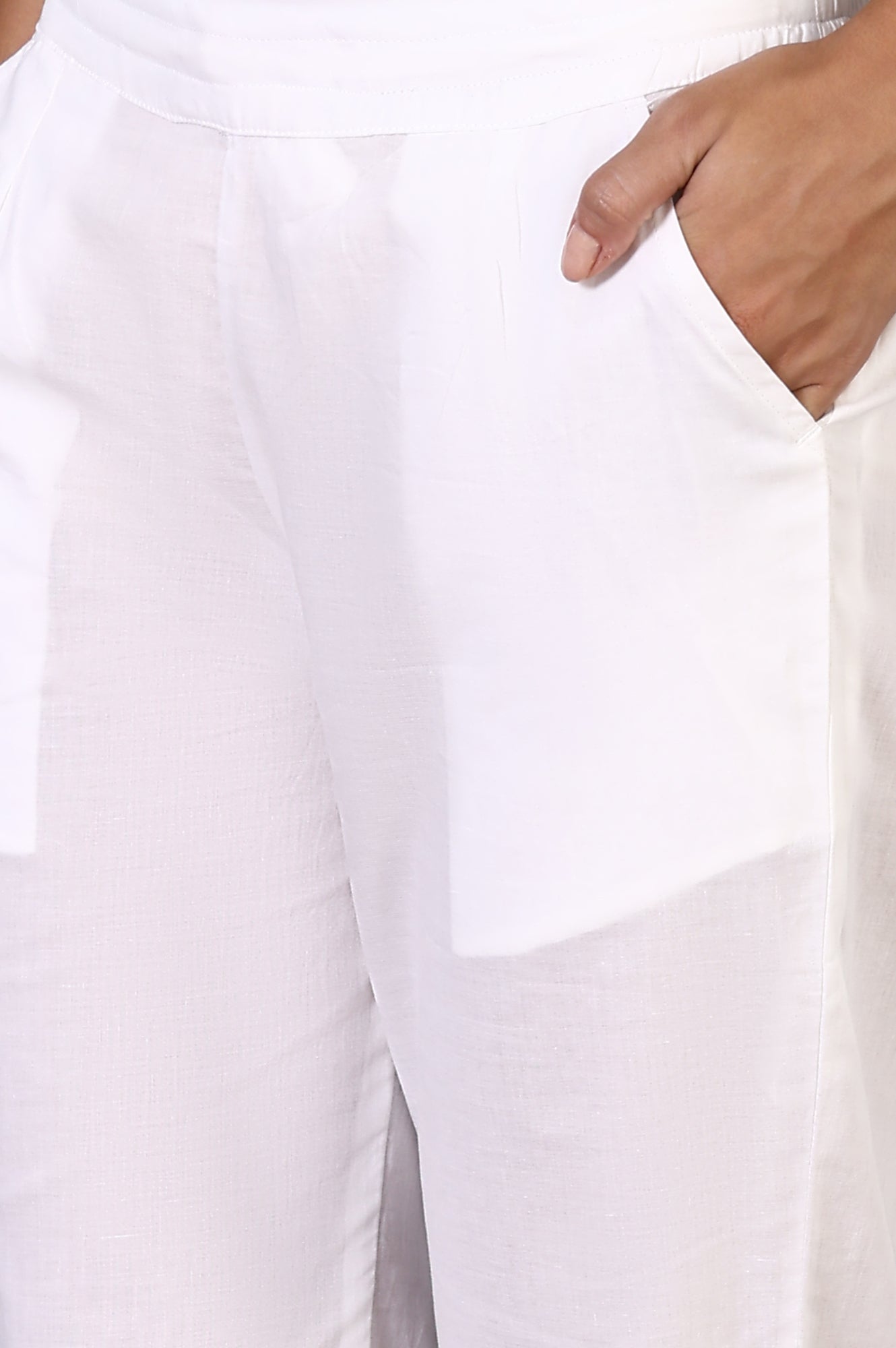 W for Woman White Solid Pure Cotton Slim Pants with Lace