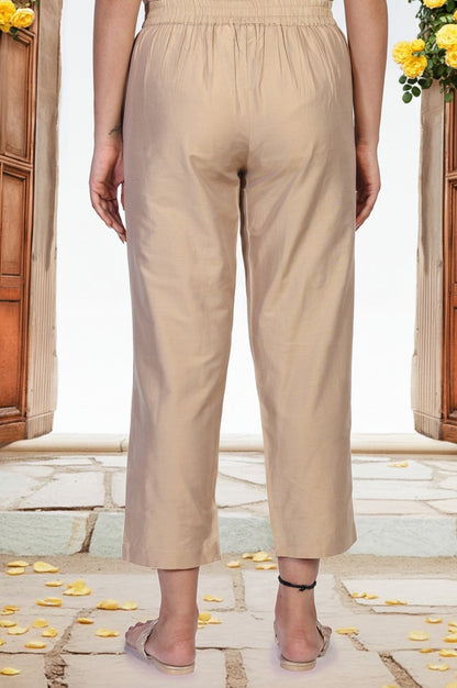 W for Woman Beige Solid Cropped Rayon Straight Pant