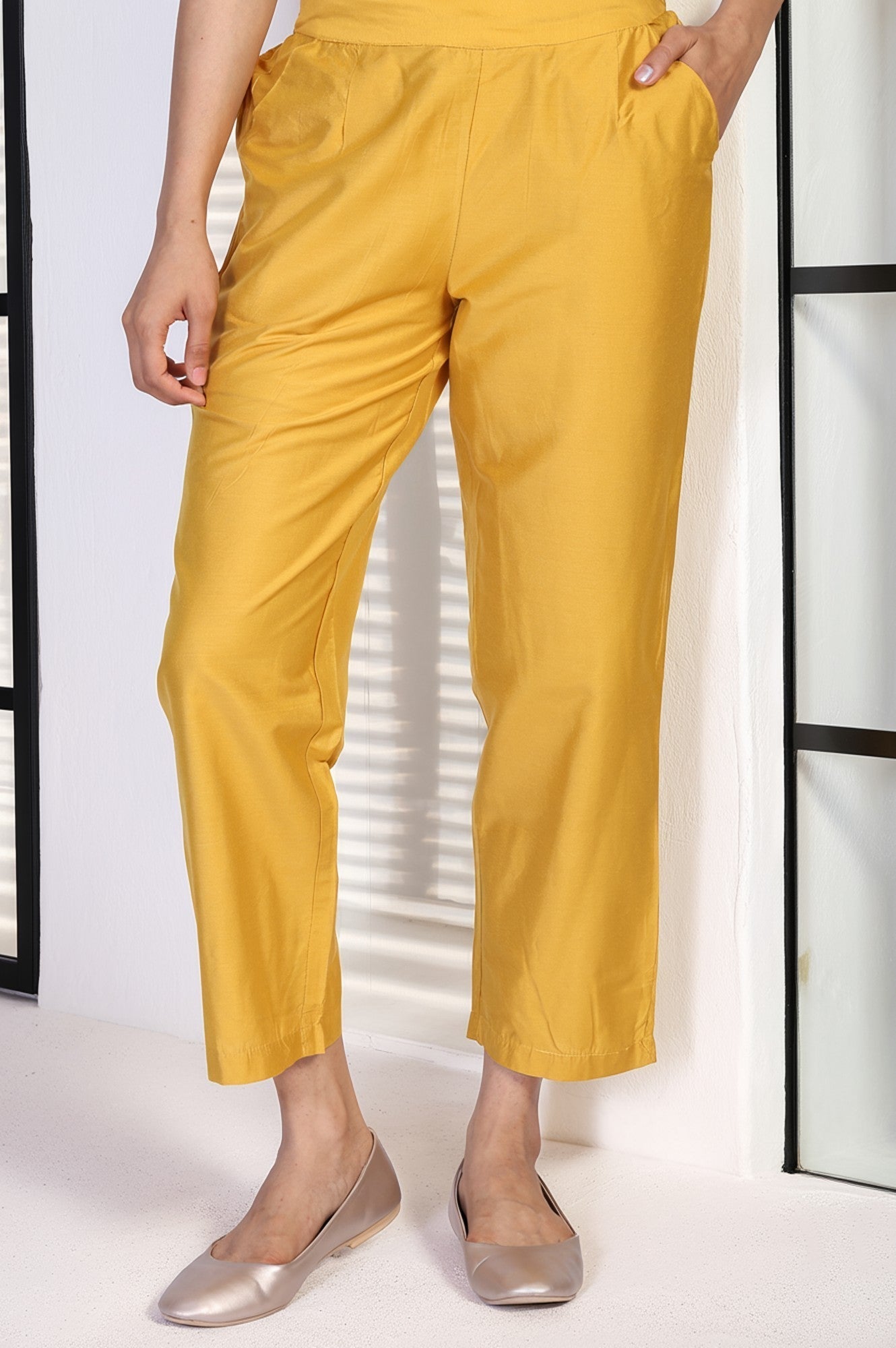 W for Woman Yellow Solid Straight Pant