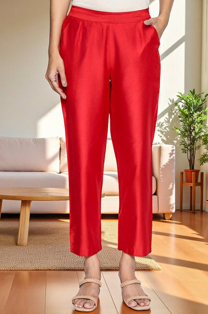 W for Woman Cherry Red Solid Printed Straight Pant